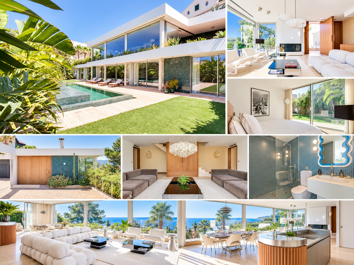 Les photos d’origine de l’annonce d’une villa sur la Côte d’Azur : façade et piscine, séjour, cuisine, chambre et salle de bain